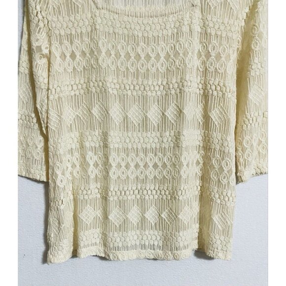 Lucky Brand Womens Medium Embroidered Tribal Print Sheer Top 3/4 Sleeve Ivory - Picture 2 of 6